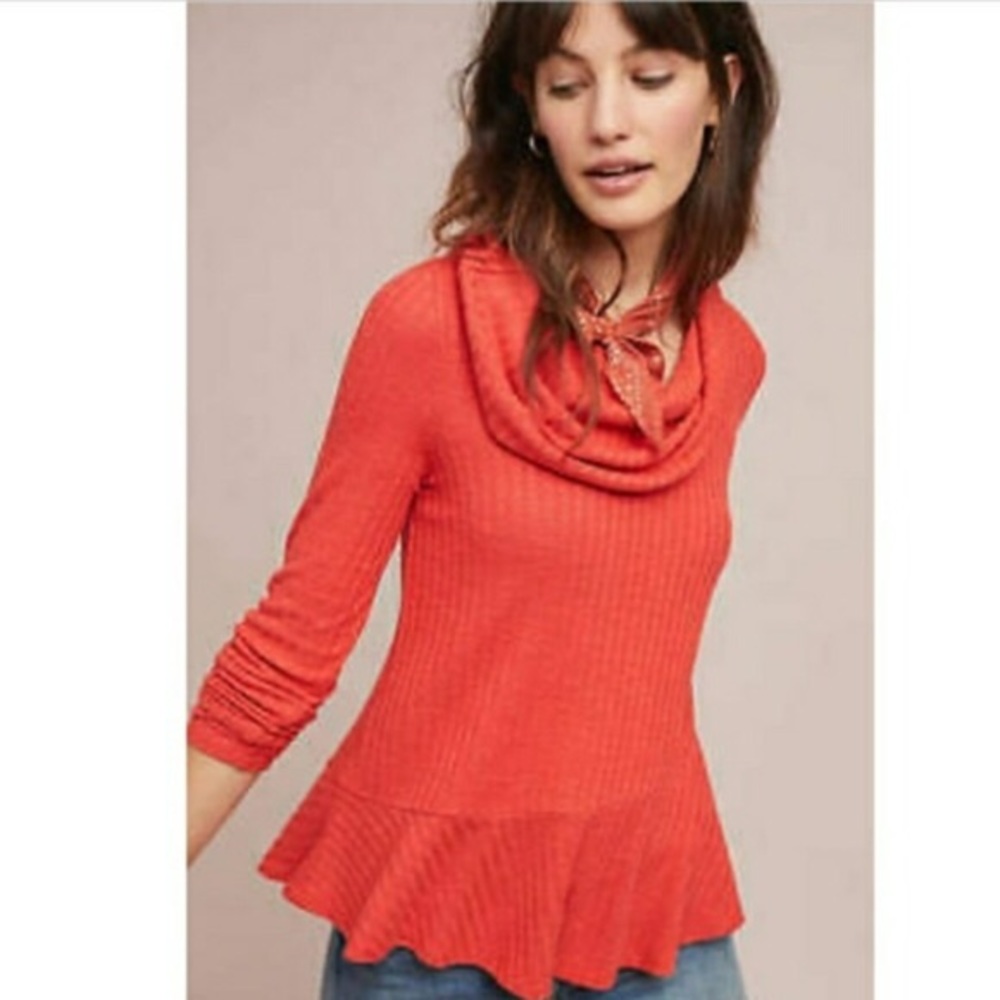 Anthropologie Maeve Orange Ribbed Cowl Neck Peplum